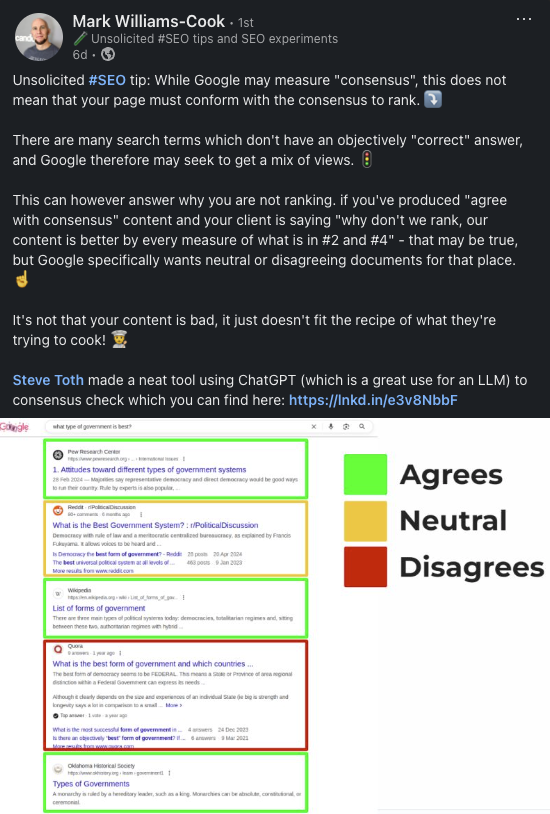 LinkedIn post by Mark Williams-Cook explaining how Google ranks pages by consensus using a ChatGPT tool by Steve Toth with a visual example of SERP results colored by agreement level